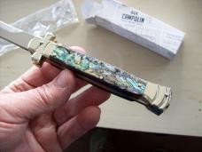 A. G. A. Campolin  Lever Maltese Cross Bayonet Large 9 Incher Lockback W/Real Abalone Shell NIB