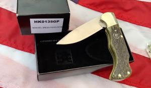 J A Henckels (HK-135-GP) Folding Hunter Pocket Knife with Nice Green Bone Handles -NOS +Orig Box