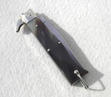 VINTAGE 60's  LEPRE GENUINE HORN FOLDING KNIFE NICKEL SILVER BOLSTERS - MINT CONDITION