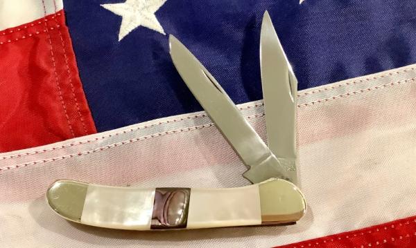 1980 Taylor Cutlery (elk horn) Copperhead w/ Mother of Pearl w/ Abalone Inlay in Handles -NOS