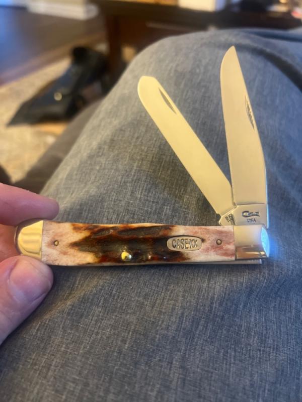 1996 Case XX USA 4 Dots R5254 SS Super Fat & Gnarly Red Stag Handle Trapper With Two Stainless Steel