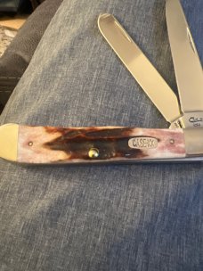 1996 Case XX USA 4 Dots R5254 SS Super Fat & Gnarly Red Stag Handle Trapper With Two Stainless Steel