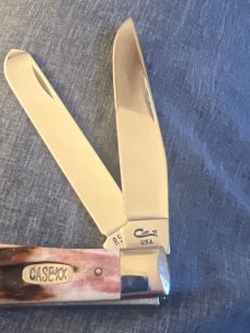 1996 Case XX USA 4 Dots R5254 SS Super Fat & Gnarly Red Stag Handle Trapper With Two Stainless Steel