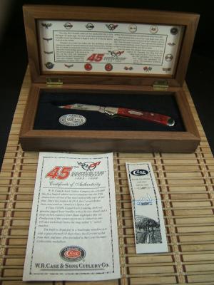 CASE XX 45TH CORVETTE ANNIVERSARY 1953-1998 COPPER LOCK VINTAGE U.S.A. RED BONE WOOD CASED KNIFE SET