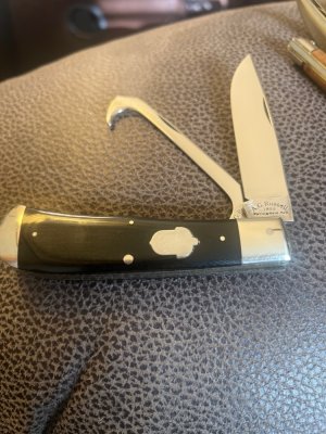 1998 A G Russell Springdale Arkansas Ebony Handle Equestrian Knife With Acorn Shield And Two Blades