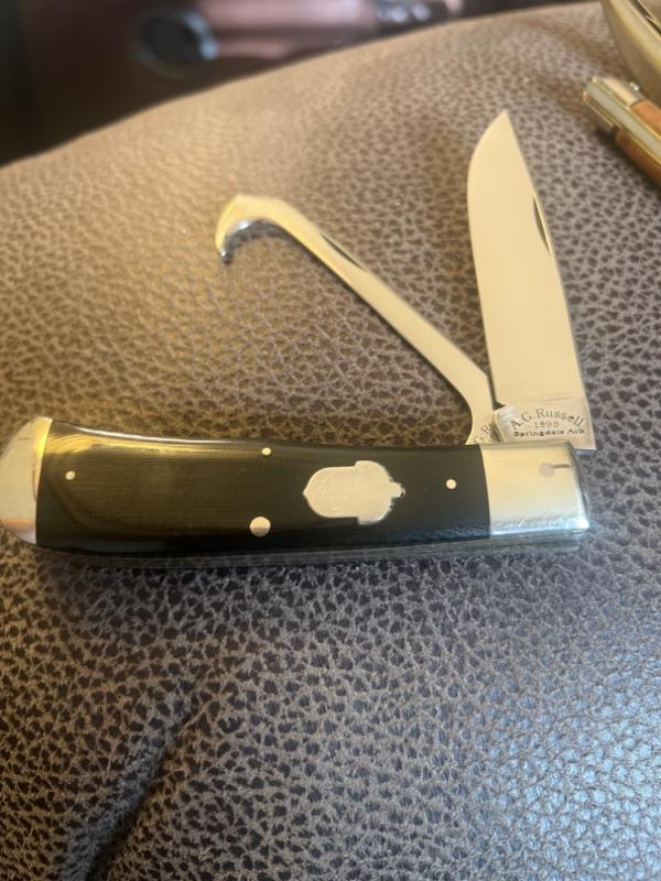 1998 A G Russell Springdale Arkansas Ebony Handle Equestrian Knife With Acorn Shield And Two Blades