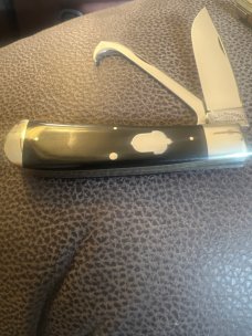 1998 A G Russell Springdale Arkansas Ebony Handle Equestrian Knife With Acorn Shield And Two Blades