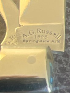 1998 A G Russell Springdale Arkansas Ebony Handle Equestrian Knife With Acorn Shield And Two Blades