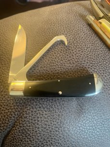 1998 A G Russell Springdale Arkansas Ebony Handle Equestrian Knife With Acorn Shield And Two Blades