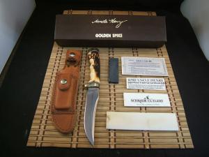 SCHRADE UNCLE HENRY 153UH GOLDEN SPIKE U.S.A. NOS CARBON STEEL FIXED BLADE KNIFE, SHEATH, PAPER, BOX
