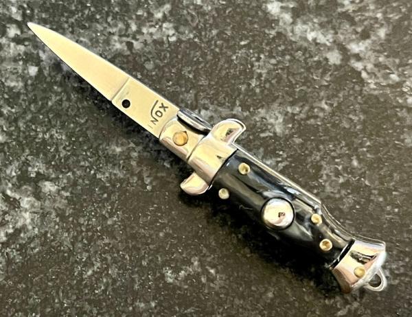 Miniature Switchblade Knife, Made In Italy, Marked Inox, Older Style, Imitation Horn Handle 
