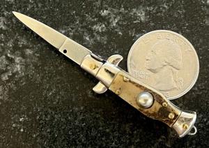 Miniature Switchblade Knife, Made In Italy, Vertical INOX Mark, Older Style, Stag Handle 