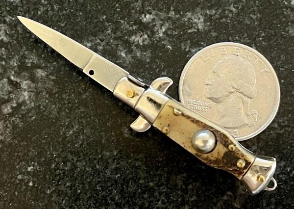 Miniature Switchblade Knife, Made In Italy, Vertical INOX Mark, Older Style, Stag Handle 