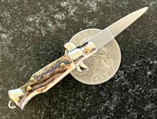 Miniature Switchblade Knife, Made In Italy, Vertical INOX Mark, Older Style, Stag Handle 