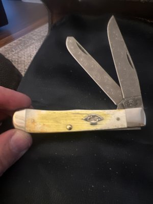 2015 Case XX USA 6254 DAM Burnt Yellow Bone Handkes Trapper With Two Tear Drop Damascus Blades