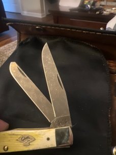 2015 Case XX USA 6254 DAM Burnt Yellow Bone Handkes Trapper With Two Tear Drop Damascus Blades 2015 Case XX USA 6254 DAM Burnt Yellow Bone Handkes Trapper With Two Tear Drop Damascus Blades