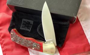 Vintage J A Henckels Folding Lock Back Hunting/Hunter Knife with Red Pick Bone Handles - NOS