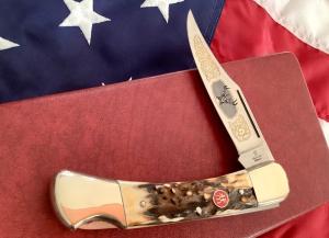 J A Henckels Large  5" Folding Hunter with Super Stag Handles in display. NOS and a beauty!