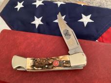 J A Henckels Large 5" Folding Hunter with Super Stag Handles in display. NOS and a beauty! J A Henckels Large 5" Folding Hunter with Super Stag Handles in display. NOS and a beauty!