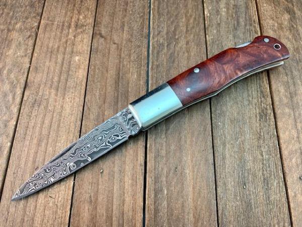 A.G. Russell Single Blade Lockback Quince Burl San Mai Damascus Blade Mid 1990’s Seki Japan Made 