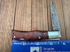 A.G. Russell Single Blade Lockback Quince Burl San Mai Damascus Blade Mid 1990’s Seki Japan Made 