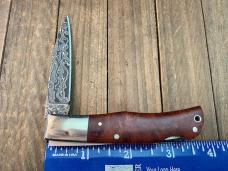 A.G. Russell Single Blade Lockback Quince Burl San Mai Damascus Blade Mid 1990’s Seki Japan Made 