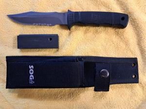 SOG M37 Seal Pup JAPAN Knife; Very Good ++ Condition; Sheath & Sharpening Stone
