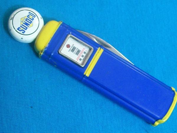 VINTAGE BLUE SUNOCO GASOLINE GAS PUMP AD FRANKLIN MINT FM FOLDING POCKET KNIFE KNIVES OLD