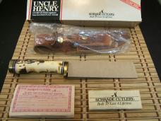 SCHRADE UNCLE HENRY 153UH GOLDEN SPIKE 1980'S HIGH CARBON STEEL USA KNIFE, SHEATH, STONE, BOX, PAPER