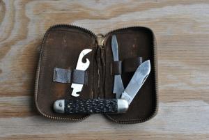 Utica Cutlery Co. Multi Tool Kit In Leather Zippered Case Never Used Tarnish Rough Black Handle