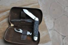 Utica Cutlery Co. Multi Tool Kit In Leather Zippered Case Never Used Tarnish Rough Black Handle Utica Cutlery Co. Multi Tool Kit In Leather Zippered Case Never Used Tarnish Rough Black Handle