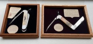 (TWO) Vintage Ivory Scrimshaw Collector Knives Morgan Alwilda Pirate Marlin Spike