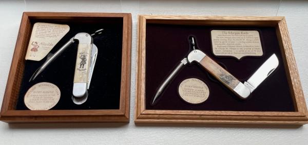 (TWO) Vintage Ivory Scrimshaw Collector Knives Morgan Alwilda Pirate Marlin Spike