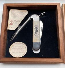 (TWO) Vintage Ivory Scrimshaw Collector Knives Morgan Alwilda Pirate Marlin Spike