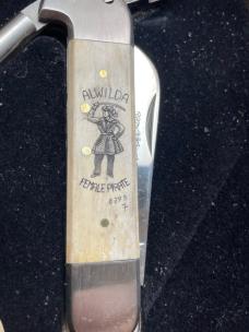 (TWO) Vintage Ivory Scrimshaw Collector Knives Morgan Alwilda Pirate Marlin Spike
