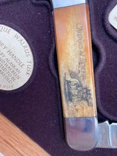 (TWO) Vintage Ivory Scrimshaw Collector Knives Morgan Alwilda Pirate Marlin Spike