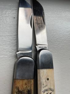 (TWO) Vintage Ivory Scrimshaw Collector Knives Morgan Alwilda Pirate Marlin Spike
