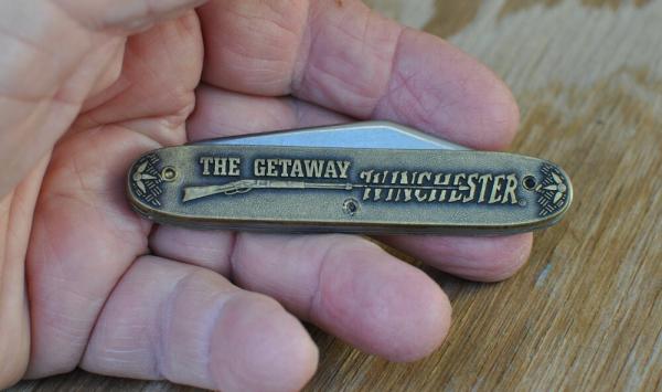 Winchester 2 Blade Bronze Handle USA Made Mint 3 1/2" Closed Train Robbery Scene