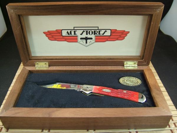 CASE XX 1990'S VINT. ACE STORES 75TH ANNIVERSARY 1924-1999 COPPERLOCK MINT RED BONE WOOD CASED KNIFE CASE XX 1990'S VINT. ACE STORES 75TH ANNIVERSARY 1924-1999 COPPERLOCK MINT RED BONE WOOD CASED KNIFE