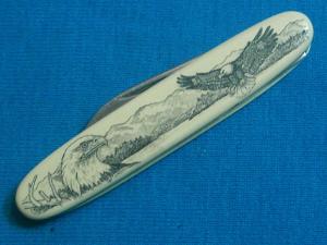 VINTAGE BARLOW USA EAGLE SCRIMSAW POCKET WATCH FOB KEYCHAIN KNIFE KNIVES OLD USA
