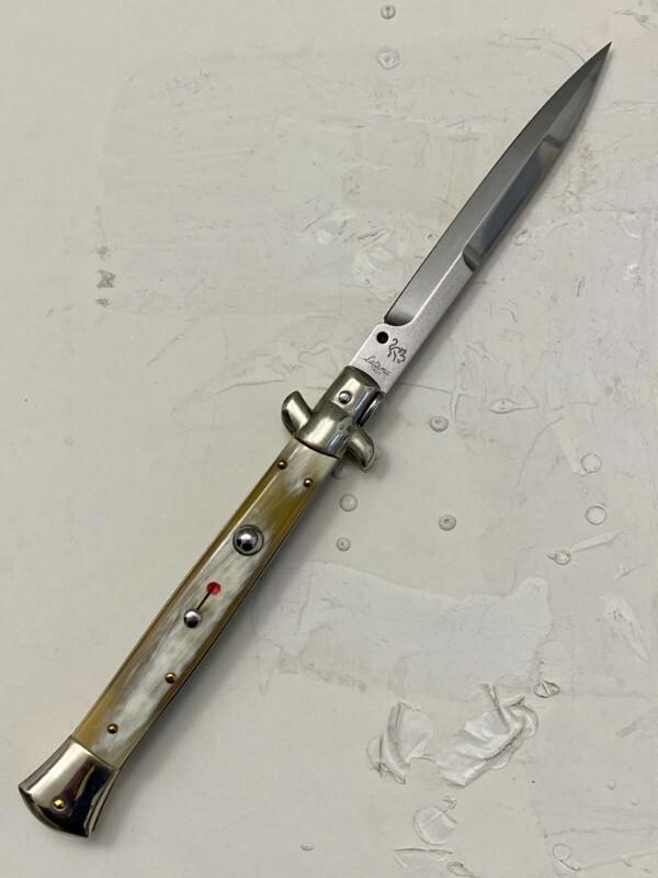 Walt's Latama 28cm / 11" Translucent Honey Horn Red Dot Half-Grind Swivel Bolster Stiletto 5mm Blade