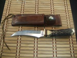 SCHRADE 498 49'ER "BENCH MADE COLLECTION" GOLD RUSH CARBON STEEL FIXED BLADE HUNTING KNIFE & SHEATH