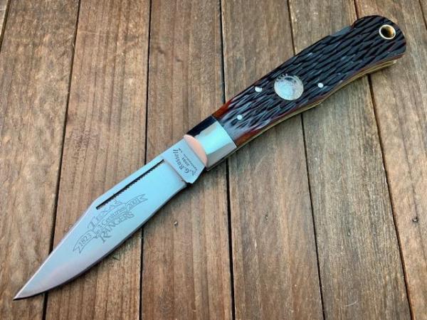 A.G. Russell Texas Ranger Commemorative Lockback 2001 Brown Jigged Bone