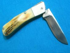 STAG HANDLE FINGER CUSTOM LOCKBACK BAREHEAD FOLDING HUNTER HUNTING SKINNING POCKET KNIFE KNIVES OLD