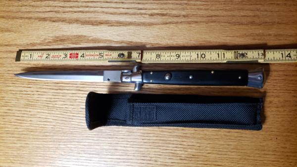13 Inch Switchblade Knife with Belt Sheath. Fast opening, Locks up Solid. Not used or Re-sharpened.