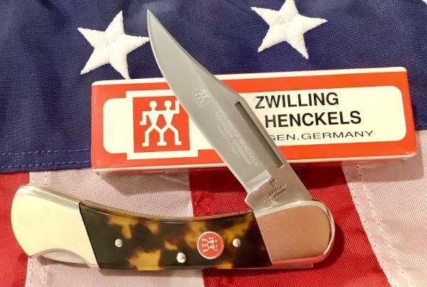 Vintage J A Henckels 4 1/4” Folding Lock Back Hunting/Hunter Knife w/ Tortoise Handles NOS