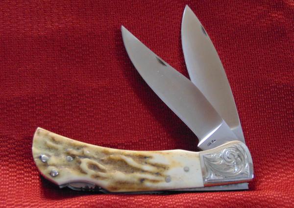 CUSTOM HAND MADE J OVER S ( JERRY THOMAS STONE LYTLE TX. ) DOUBLE LOCKBACK FILE WORK GENUINE STAG