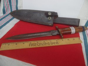 DAMASCUS SHEATH KNIFE CUSTOM MADE - MAKER UNKNOWN - LEATHER SHEATH UNUSED