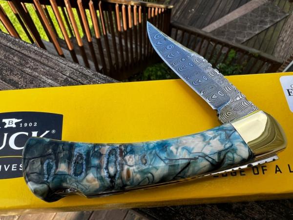 BUCK 110 LEROY REMER CUSTOM DAMASCUS BLUE MAMMOTH TOOTH FOLDING HUNTER