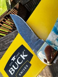 BUCK 110 LEROY REMER CUSTOM DAMASCUS BLUE MAMMOTH TOOTH FOLDING HUNTER